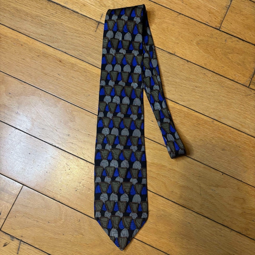 Vtg Format Silk Tie Made Japan Abstract Geometric Navy Blue Olive Gray 80s 90s
